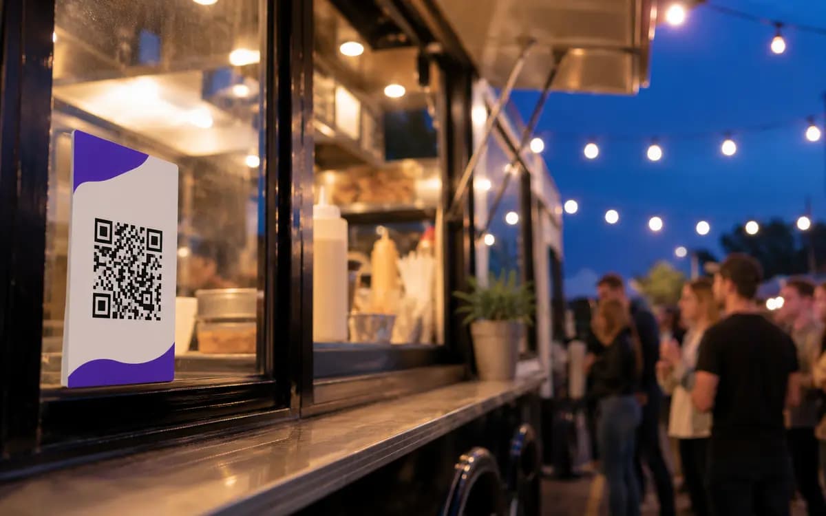 Menu QR code sticker on a food truck order window in the evening