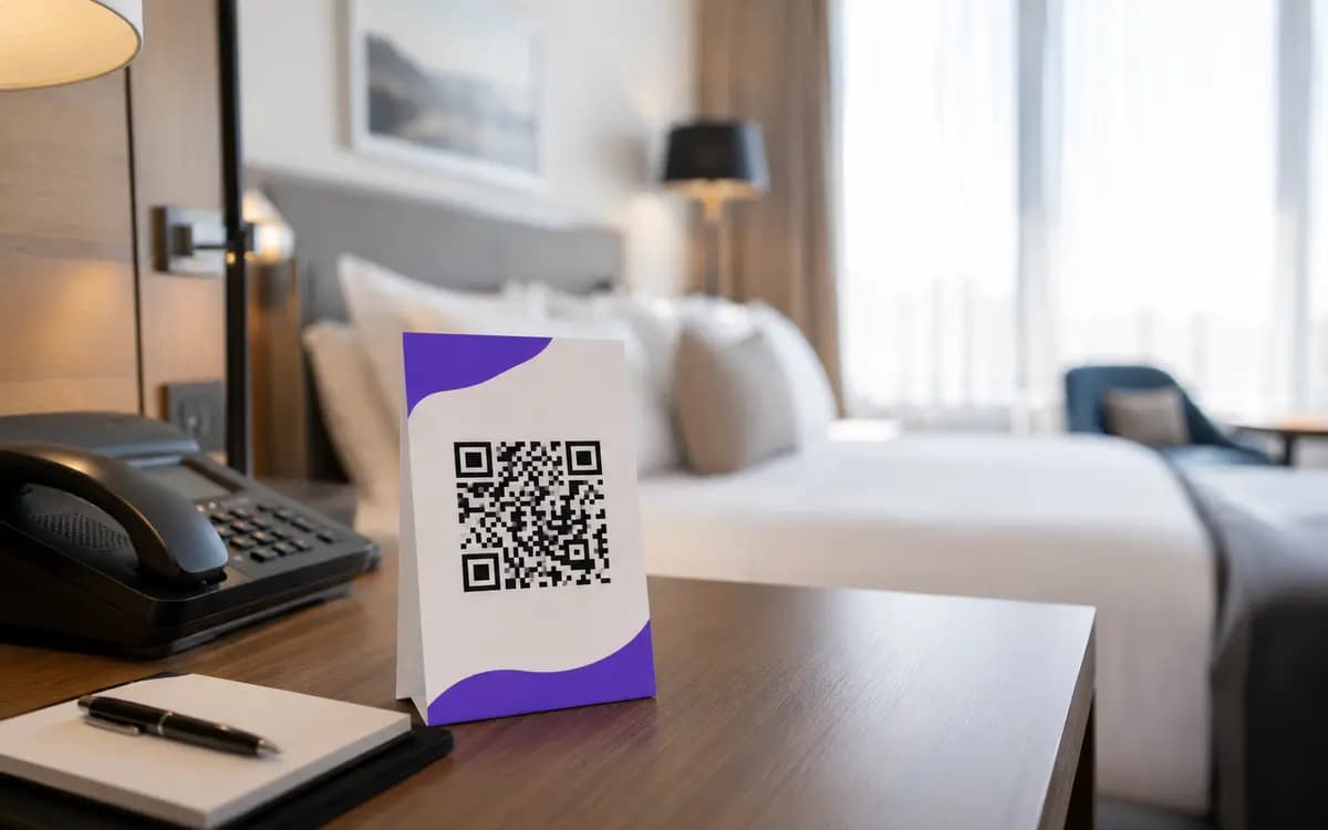 Hotel room desk card with a QR code for the room service menu