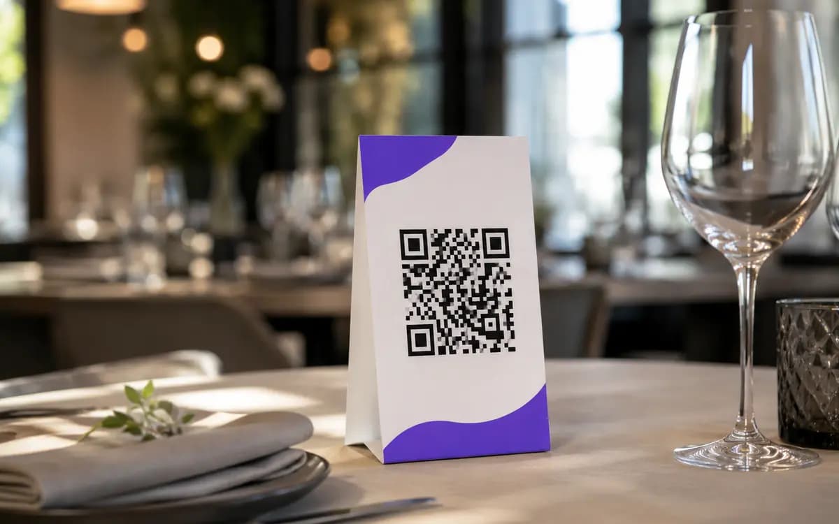 Small table tent with a menu QR code on a set restaurant table