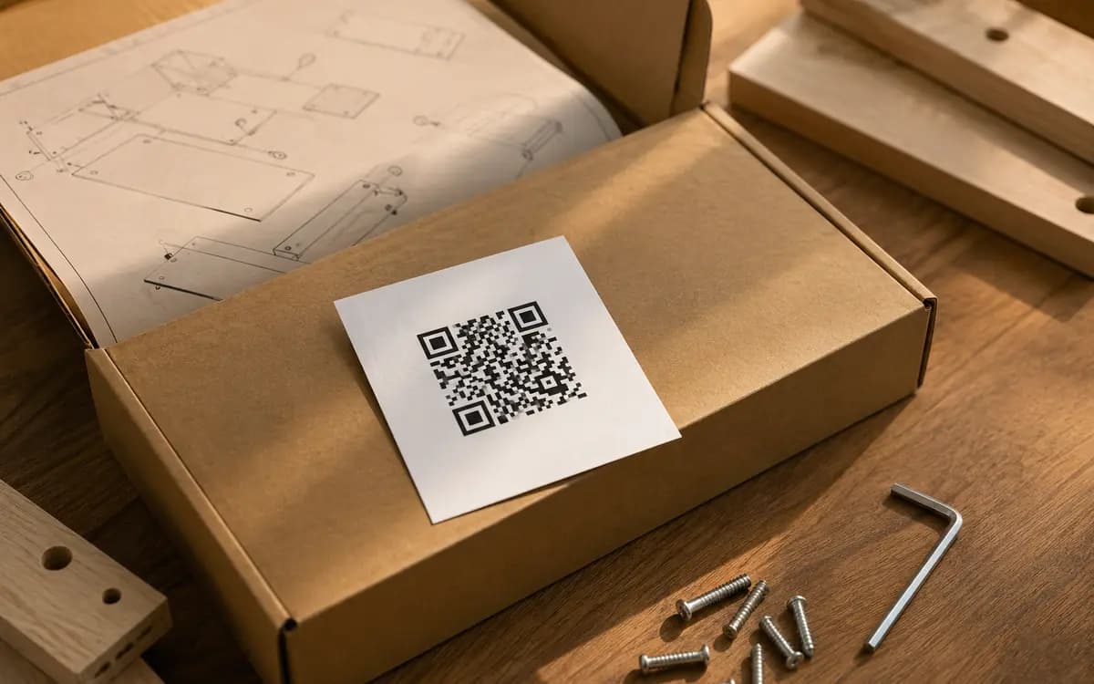 Product box with a small card carrying a QR code for the assembly manual