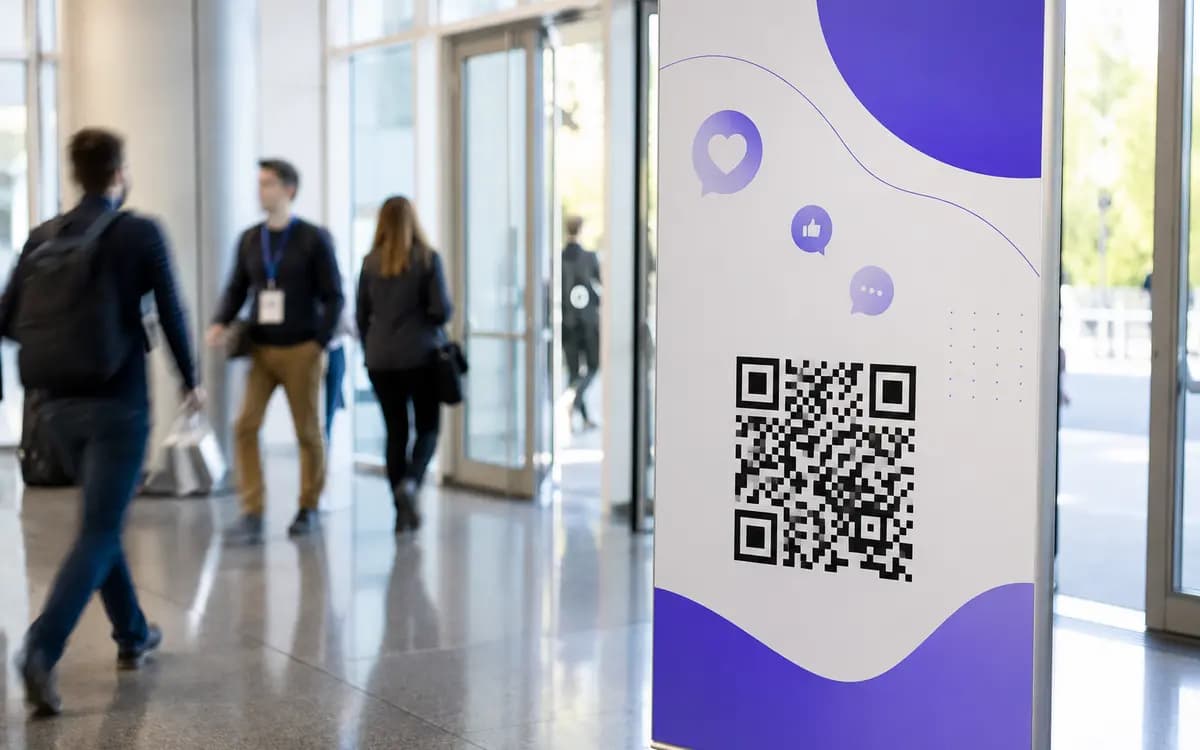 Conference entrance poster with a QR code for the event program