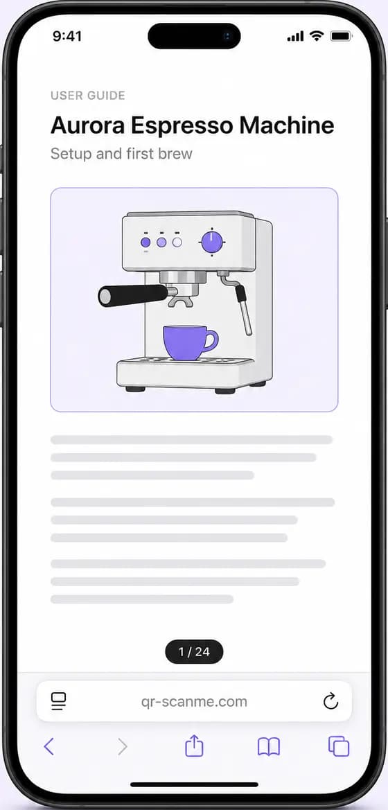 Phone showing the scanned PDF manual open in the browser with a page counter