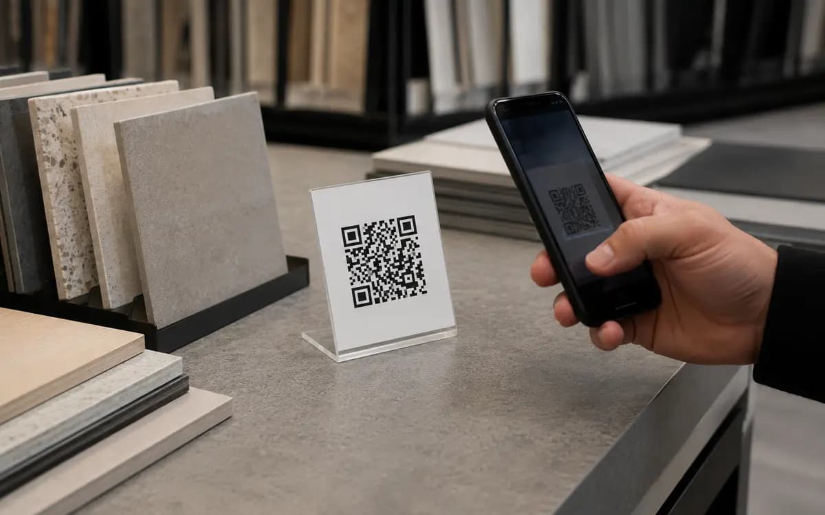 Trade counter with a printed card holding a QR code for the price list