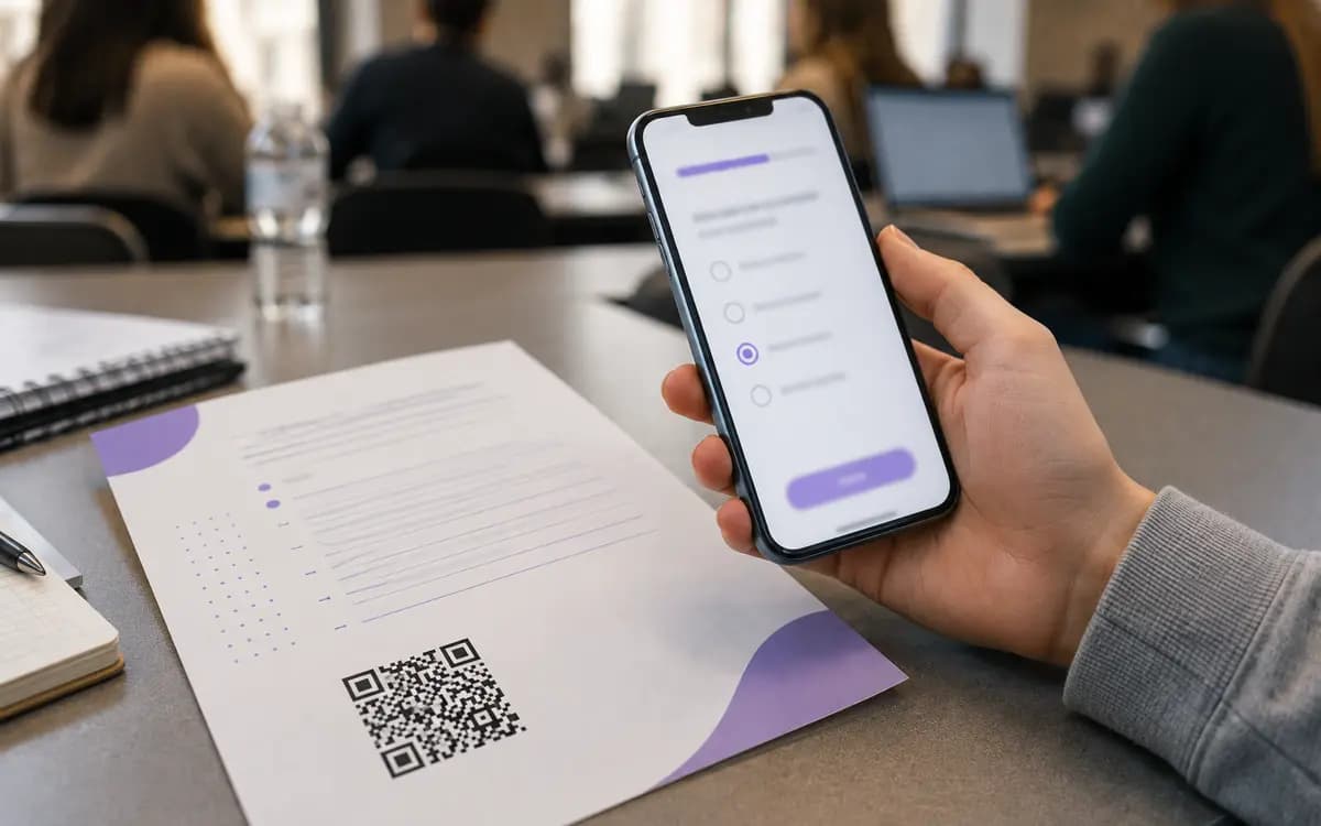 Printed worksheet with a QR code that opens a survey form on a student's phone