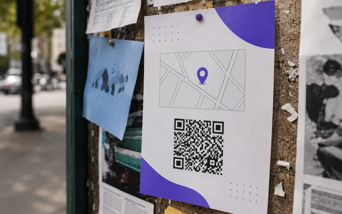 Flyer with a QR code that opens a map pin with a plotted route