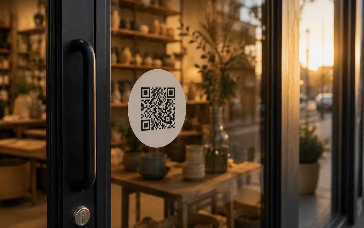 Shop window sticker with a QR code leading to the business website