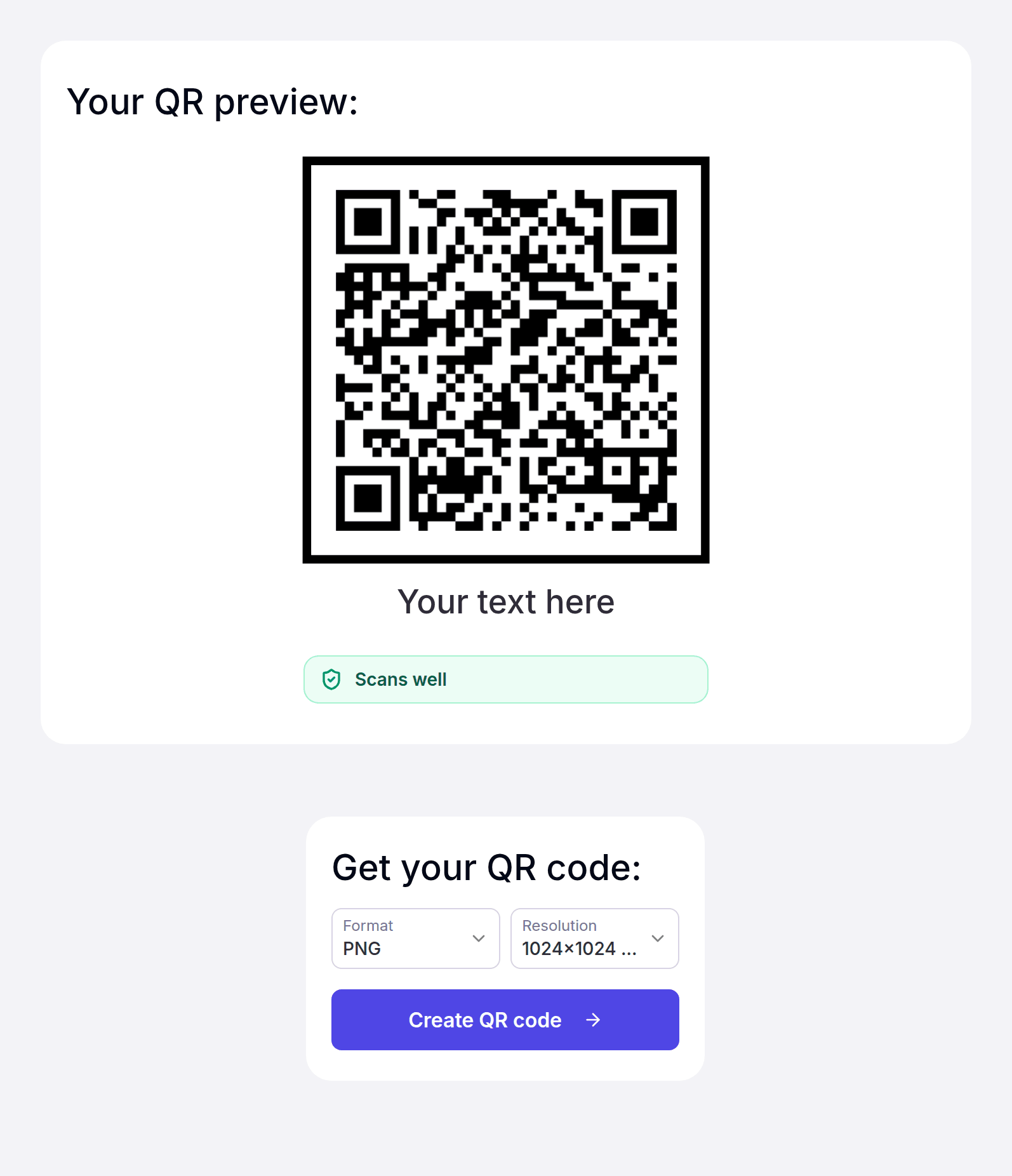 The QR preview with the verdict badge next to the export card with format, resolution and the Create QR code button