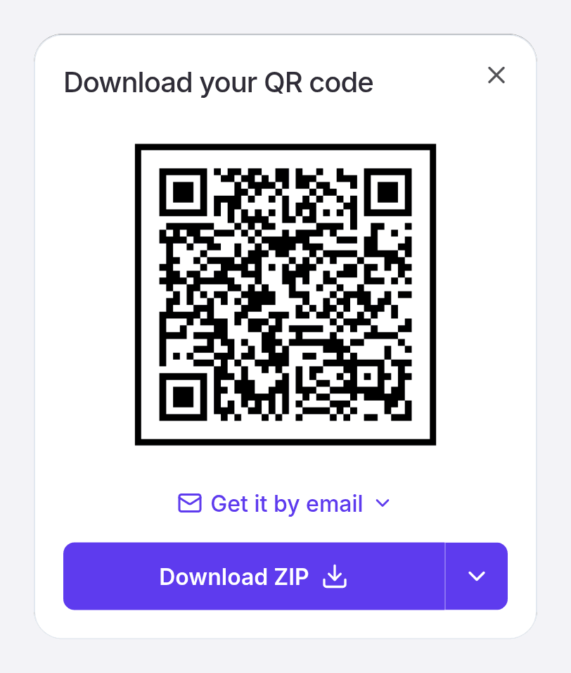 The download window with the finished QR code, a send-to-email option and the Download split-button with a format picker