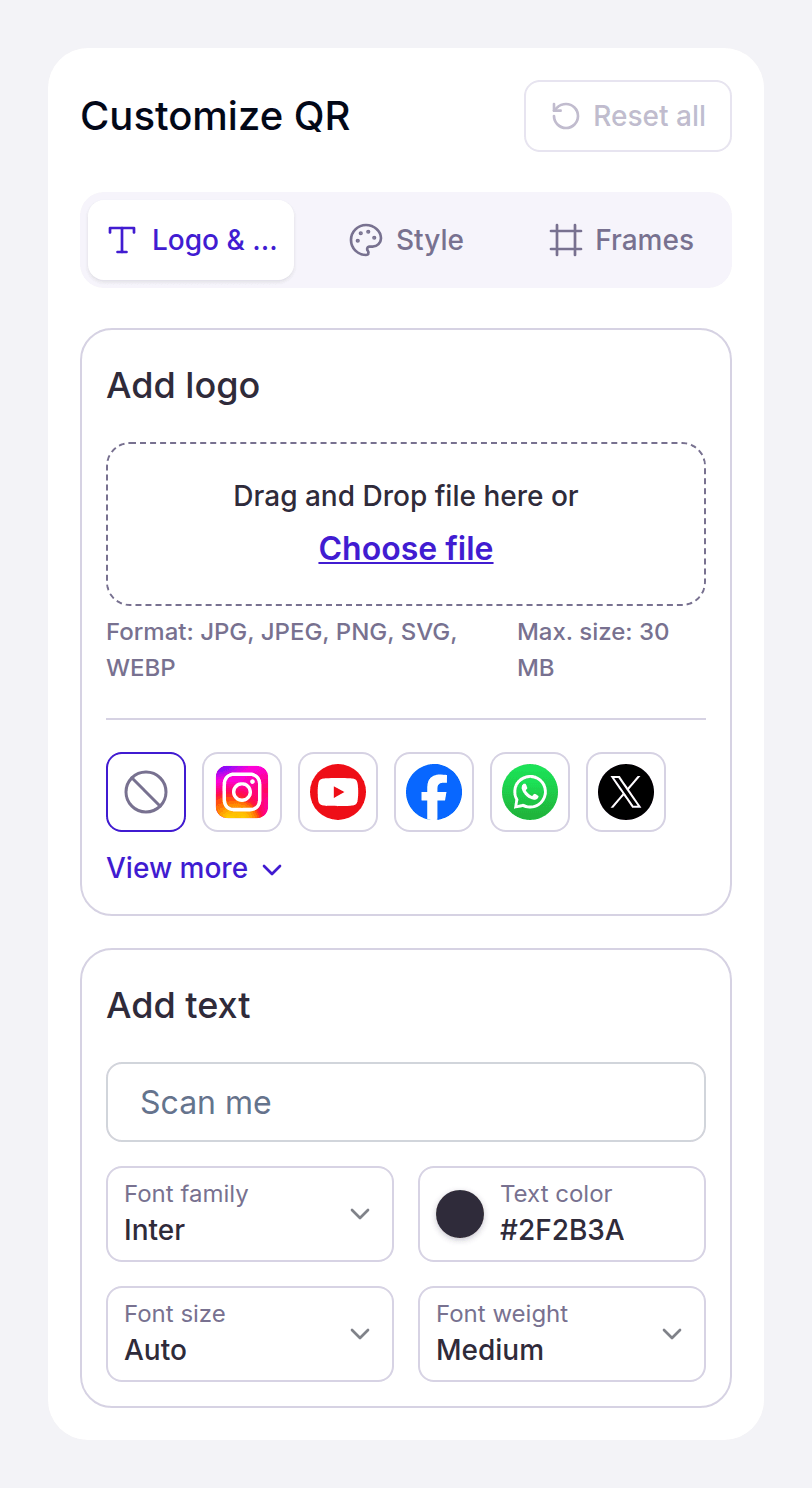 The Logo & Text tab with the logo upload zone, ready icons and the caption field