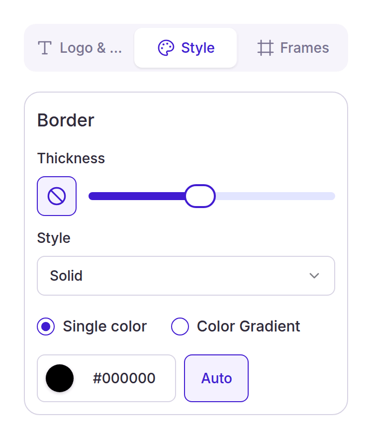 Border thickness slider, line style select and border color controls