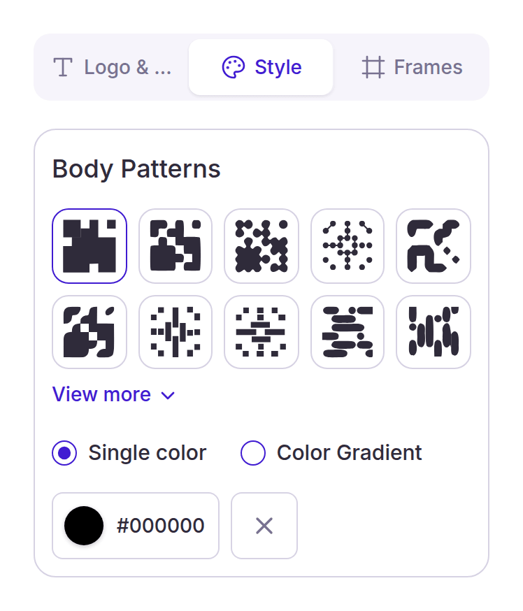 Body pattern choices and body color options in the Style tab