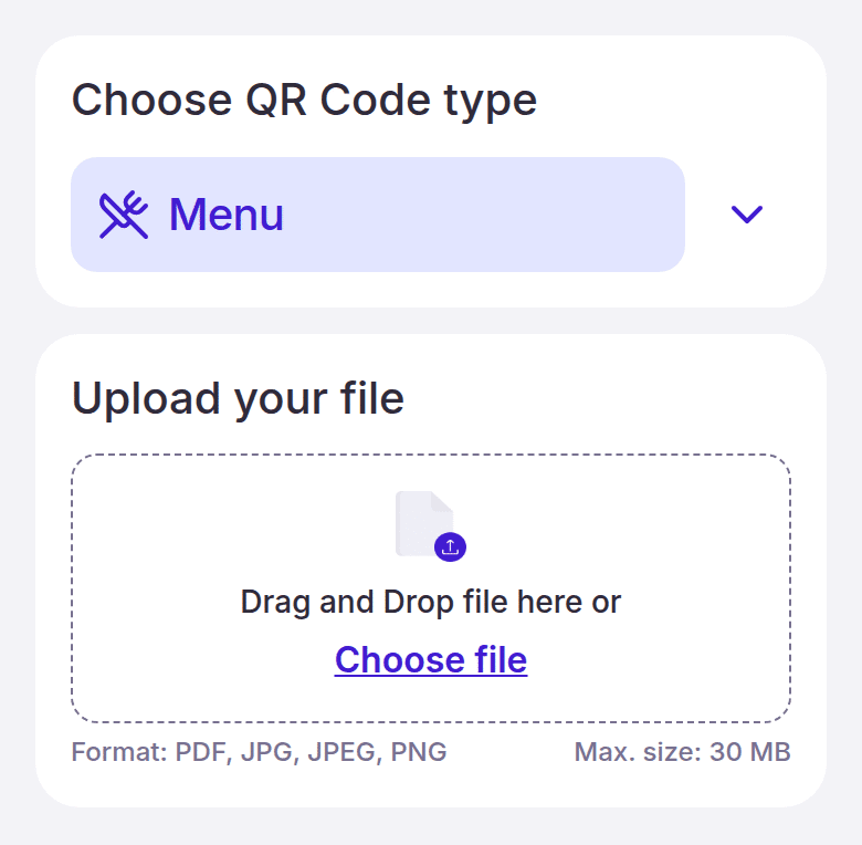 The Menu type selected, with the file upload zone below the tabs