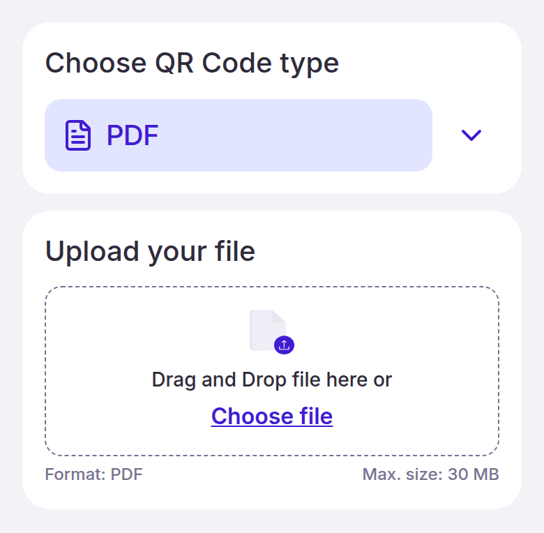 The PDF type selected, with the file upload zone below the tabs