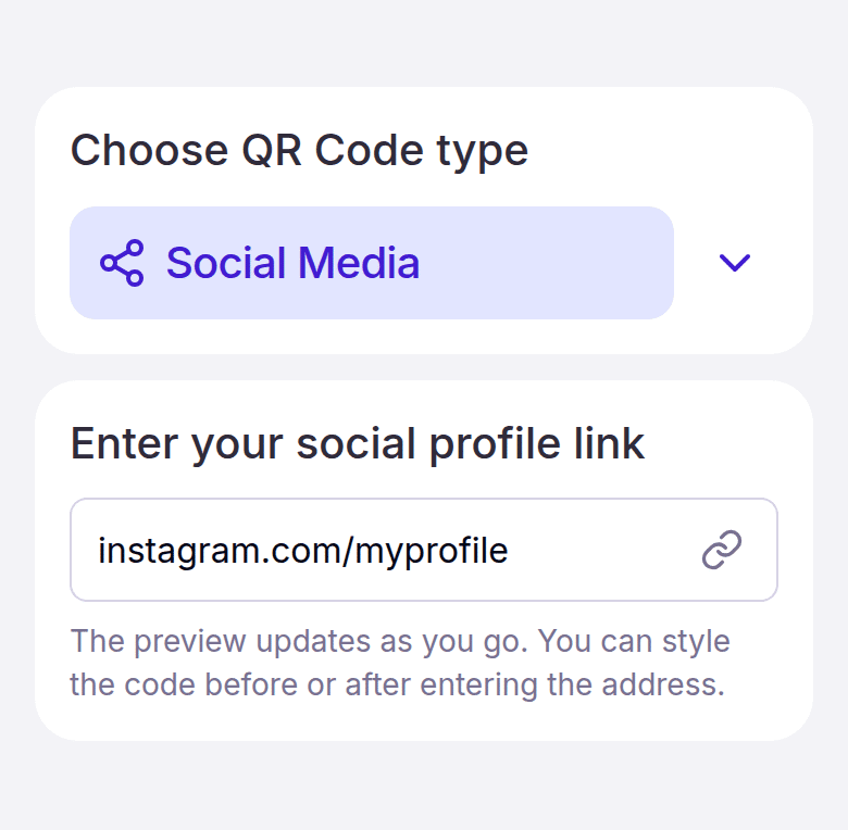 The Social Media type selected, with a social profile link entered