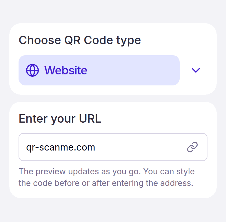 The Website type selected, with the URL field filled in below the tabs