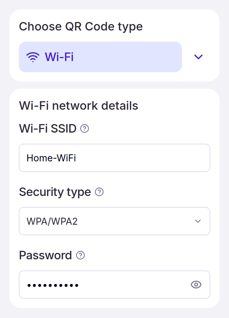The Wi-Fi type selected, with network name, security type and password fields