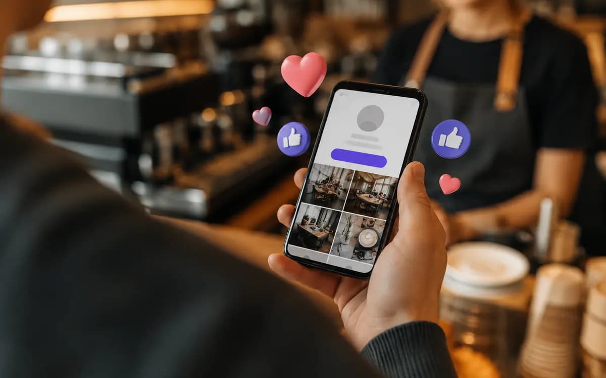 Guest at a coffee shop counter holding a phone with a social profile open
