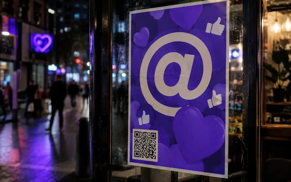 Poster with an @ symbol and a QR code on a shop window at night