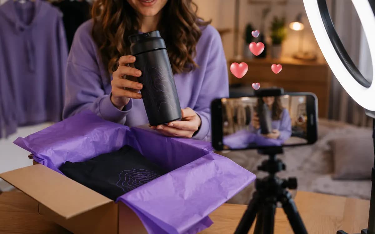 Creator filming an unboxing of branded merch with a ring light