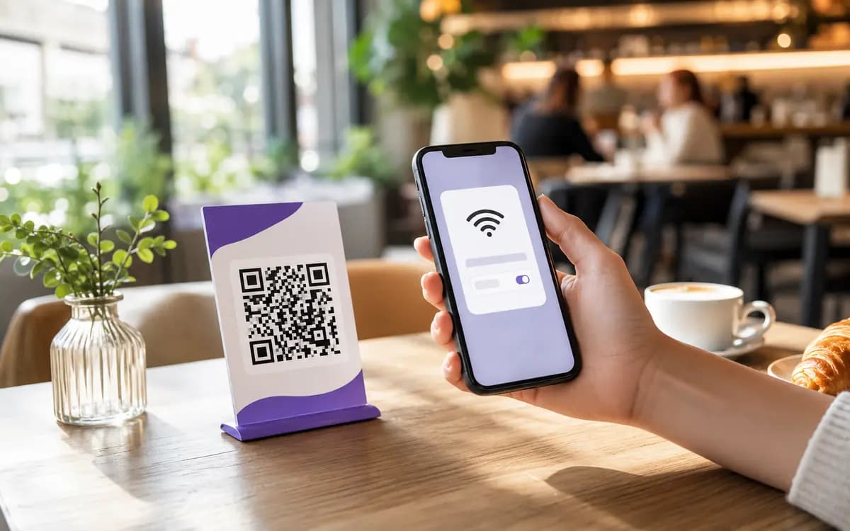 Wi-Fi QR code on a small stand on a cafe table, a hand scanning it with a phone