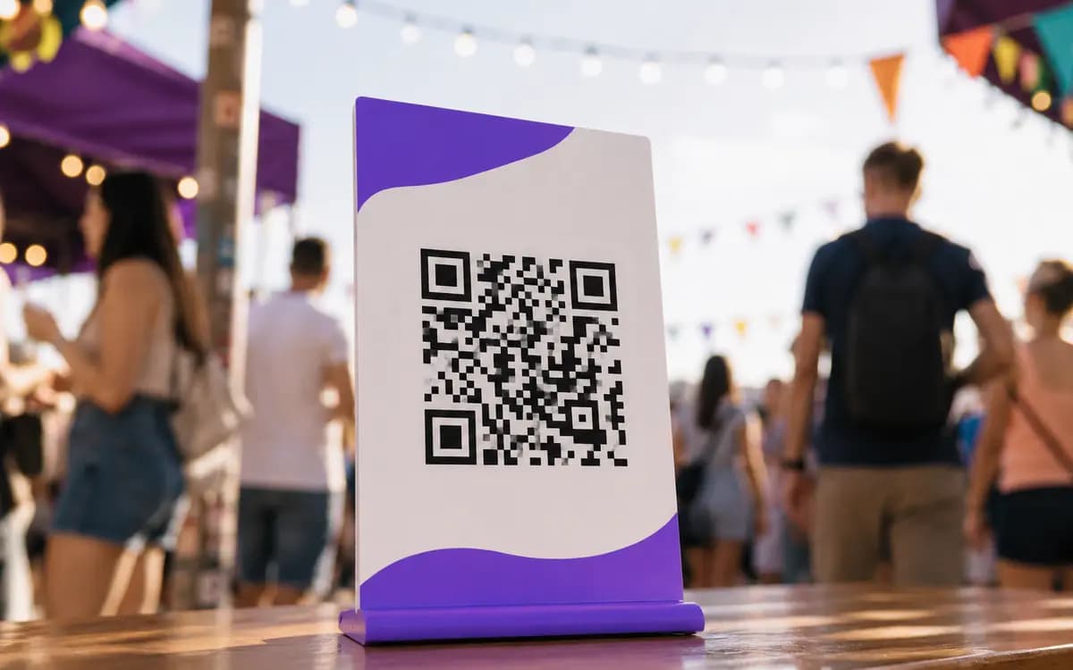 Wi-Fi QR code stand at an outdoor festival with a crowd and string lights