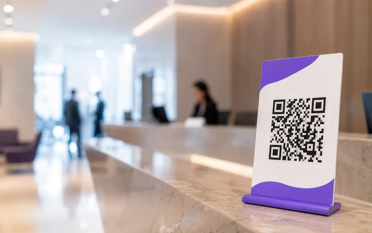Wi-Fi QR code stand on an office reception counter with a blurred lobby behind