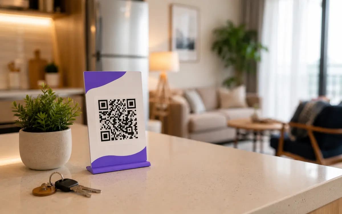Wi-Fi QR code welcome card on a kitchen counter in a rental apartment